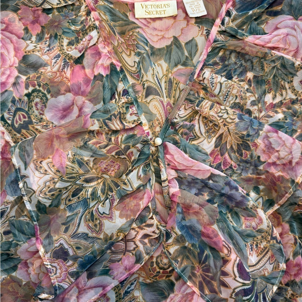 Vintage Gold Tag Victoria's Secret Floral Sheer Ruffle Poet Blouse Top w/Pearl - Picture 14 of 16